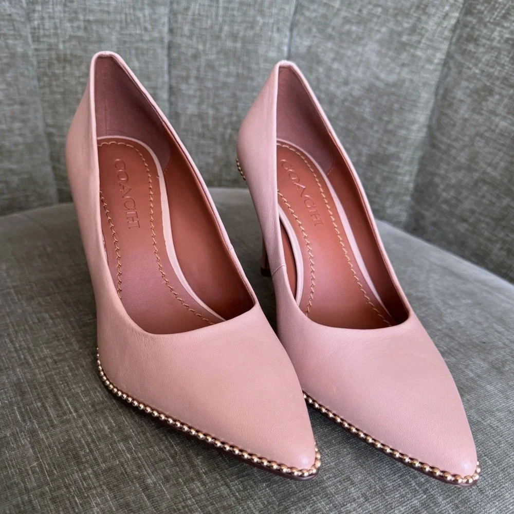 Coach Parker Ballchain Pumps Nude Heels 7 Leather Pointed Toe w/ COA - Picture 1 of 10